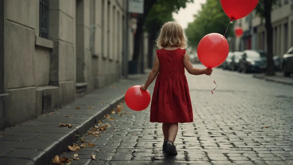 a little girl in a red dress walking down the street holding red balloons