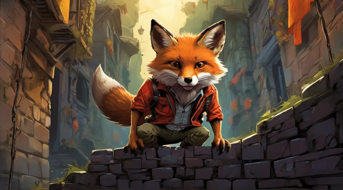 a fox is climbing a wall in the village and stuck