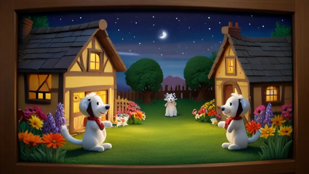 a painting of two dogs in front of a house