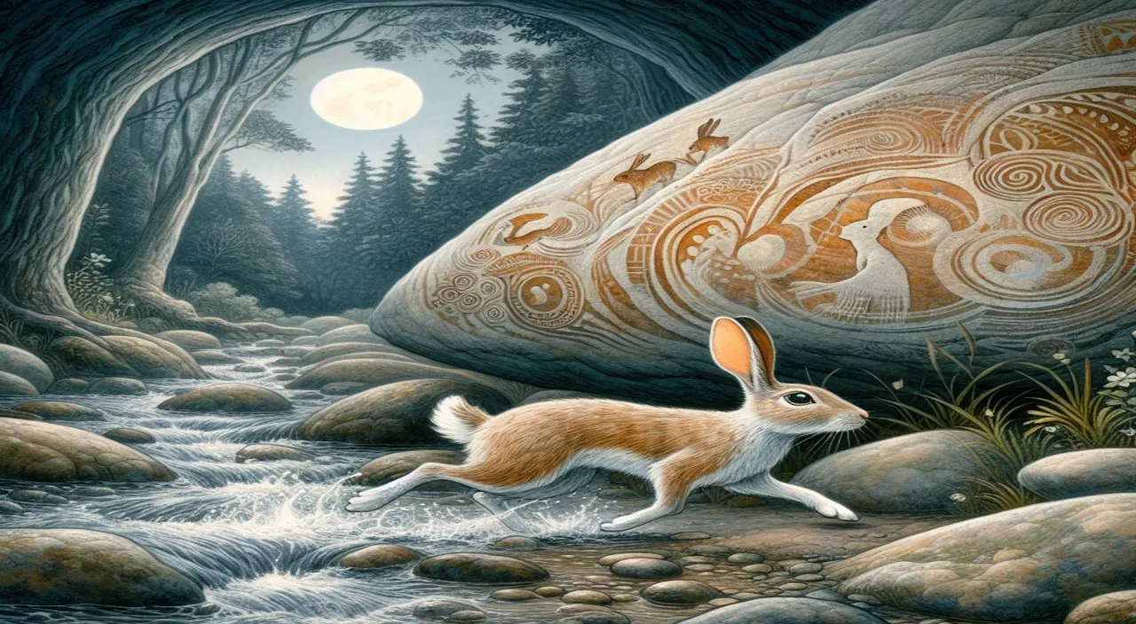 a painting of a rabbit running through a stream