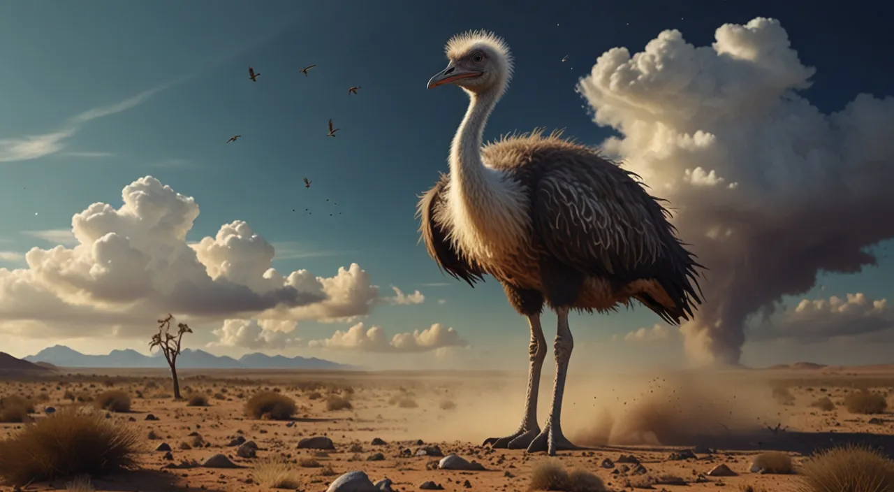 a large bird standing in the middle of a desert