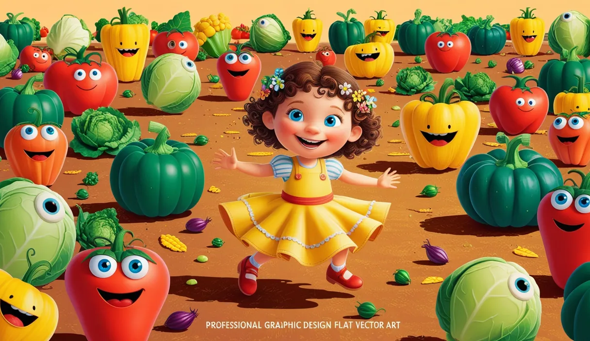 a little girl in a yellow dress surrounded by vegetables