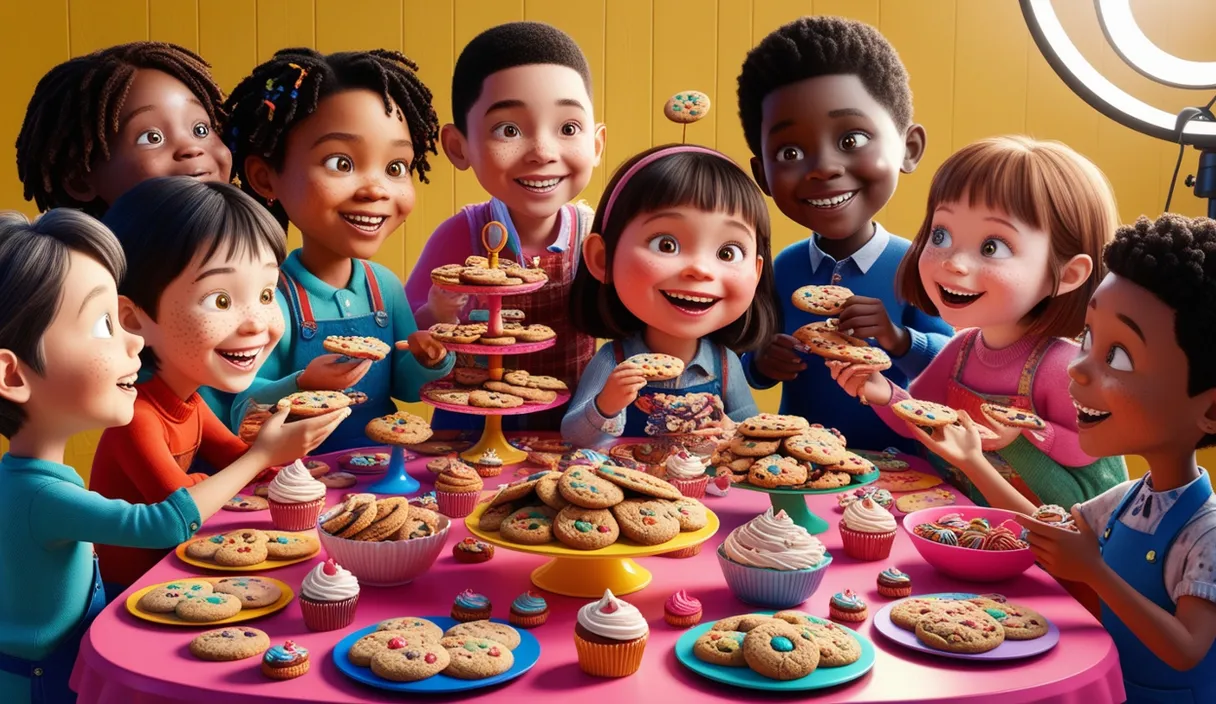 a group of children sitting around a table eating cookies