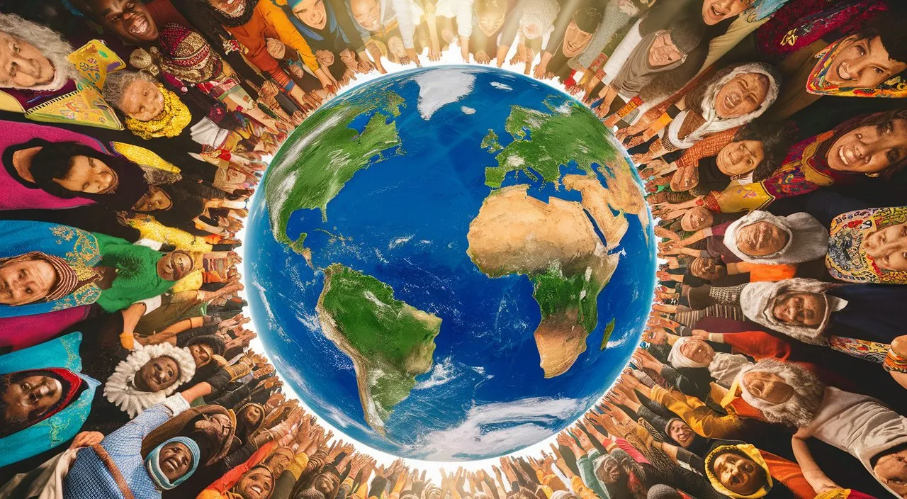 an overview of the whole world, where all people smile together.  The message of positivity and hope spreads globally.