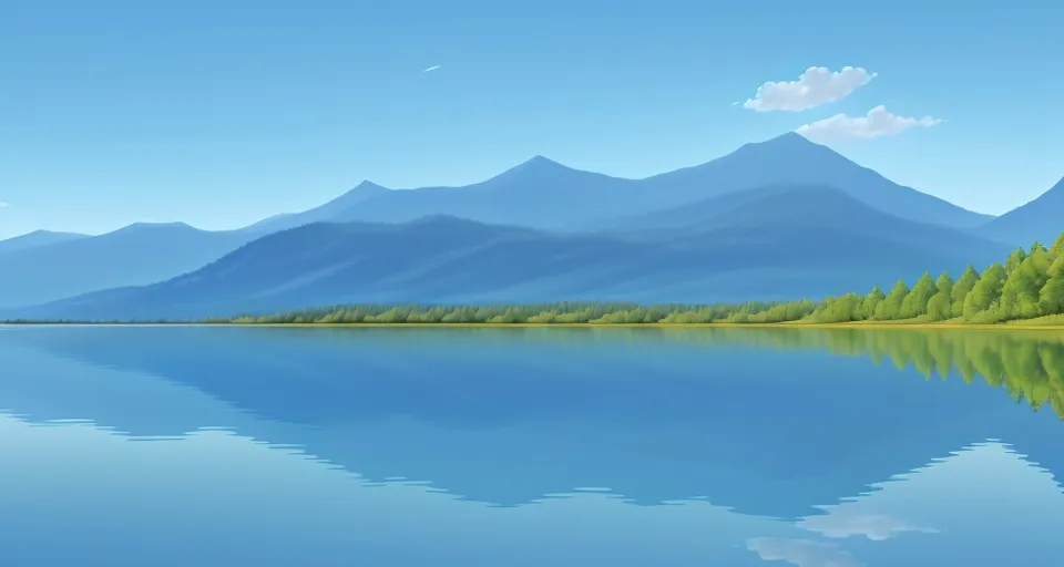 a painting of a lake with mountains in the background