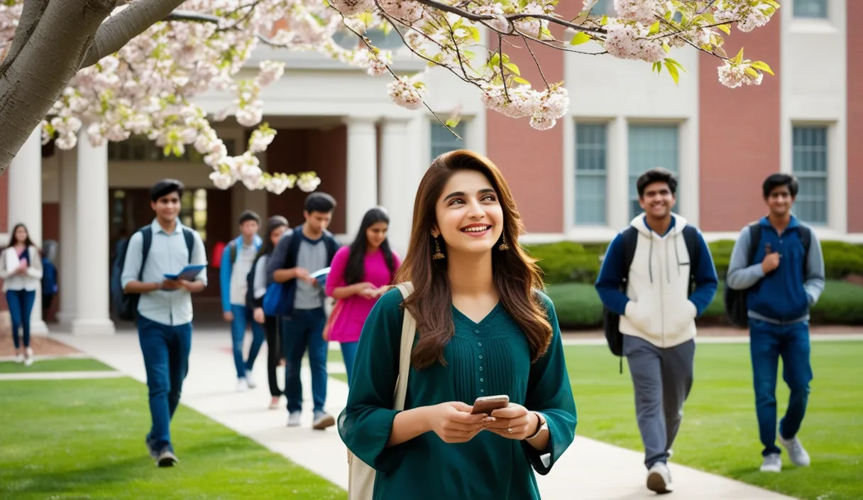 Campus Serenade: On a university campus, a Pakistani girl walking under a blossoming tree, a Bollywood song softly playing from her phone. The 4K wide shot captures students walking by and studying, but her smile and dreamy gaze reveal she is thinking about her boyfriend, who is attending a university in the United States, lost in her own romantic world.