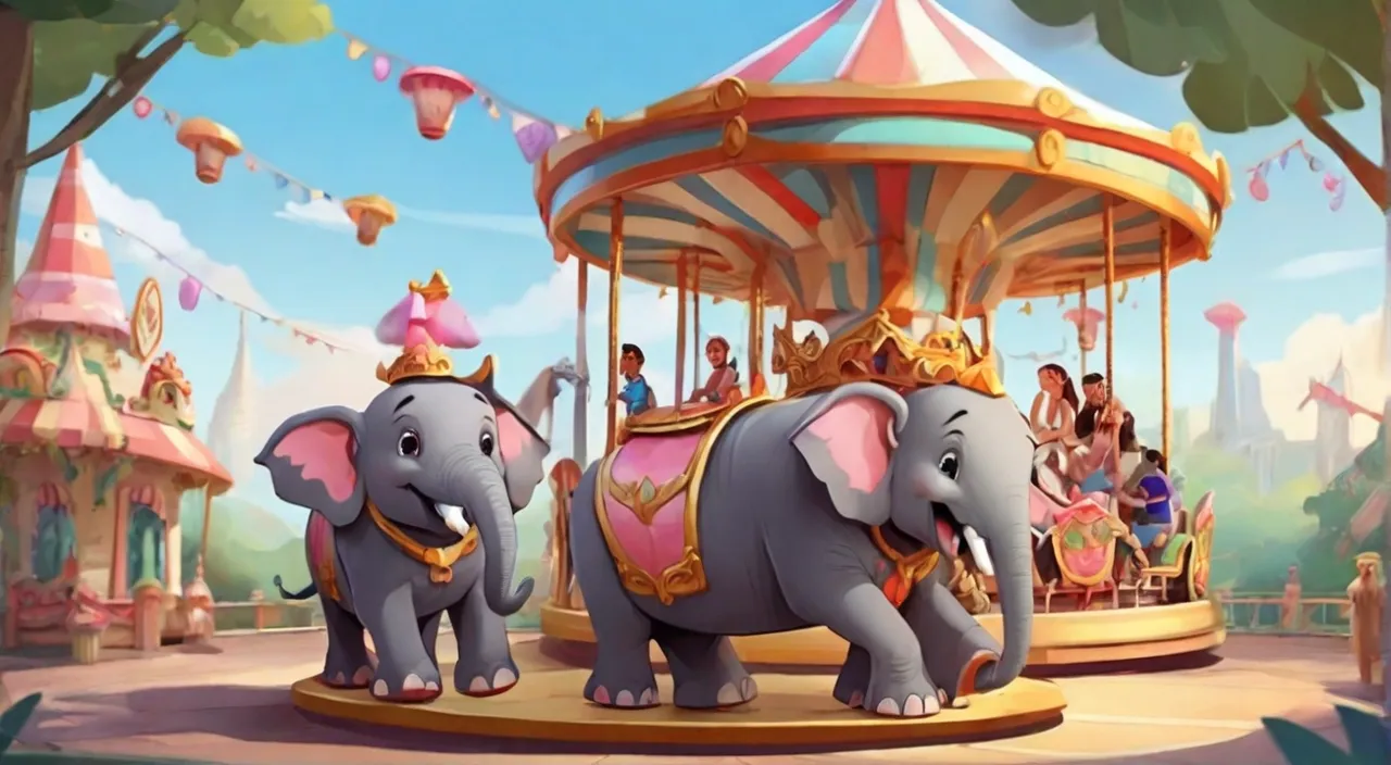 two elephants are riding on a merry go round