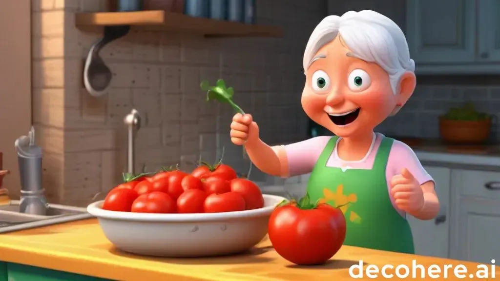 a cartoon picture of a woman holding a spoon over a bowl of tomatoes