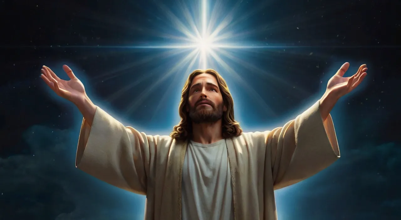 jesus with his arms outstretched in front of the sun