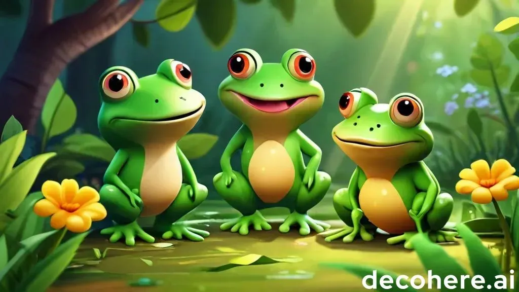 a group of frogs sitting on top of a lush green field