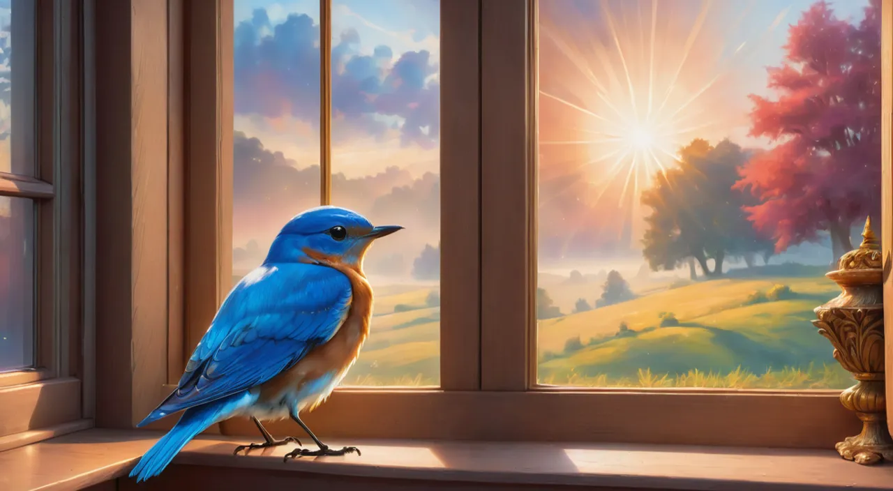 a blue bird sitting on a window sill