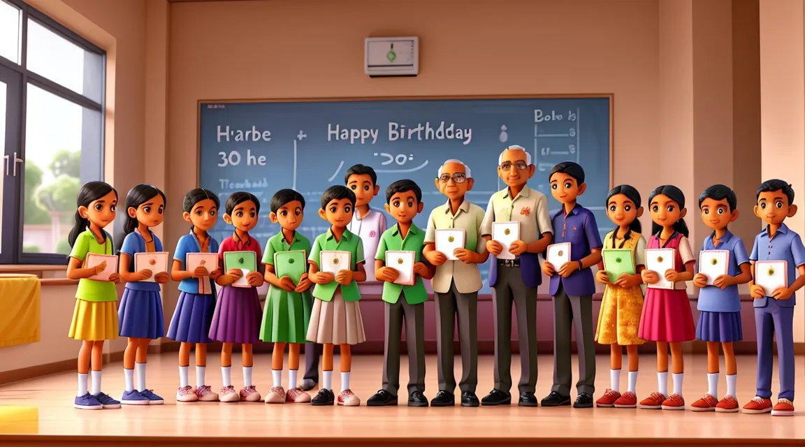 a group of children standing next to each other in front of a blackboard. Very very slowly movement. 