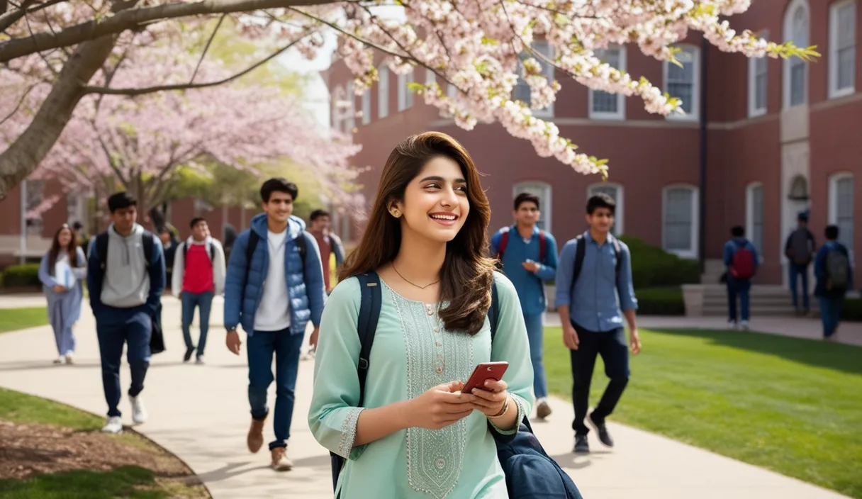 Campus Serenade: On a university campus, a Pakistani girl walking under a blossoming tree, a Bollywood song softly playing from her phone. The 4K wide shot captures students walking by and studying, but her smile and dreamy gaze reveal she is thinking about her boyfriend, who is attending a university in the United States, lost in her own romantic world.