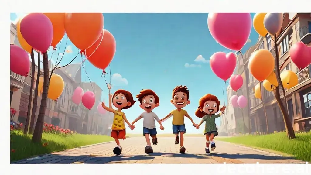 a group of kids running down a street with balloons