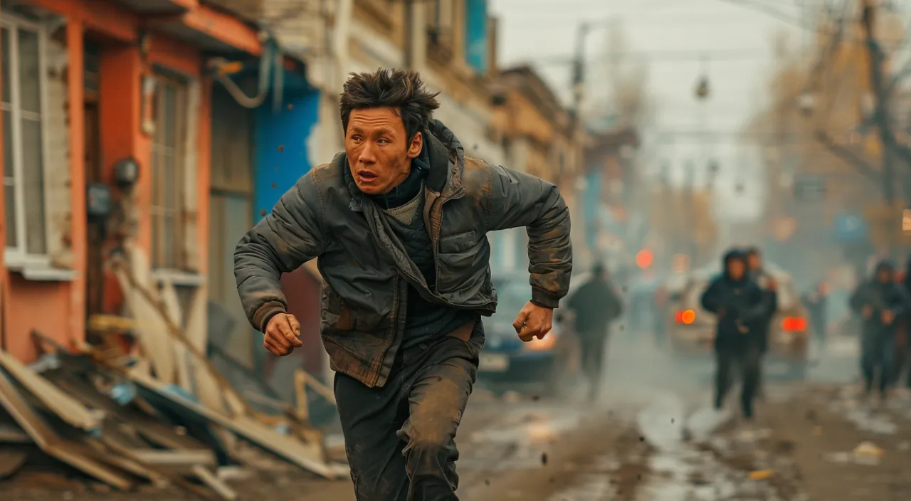 a asian man running down a street in the rain from kazakh police