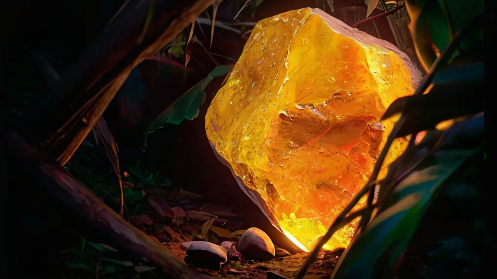 a yellow rock sitting in the middle of a forest, 3d animation