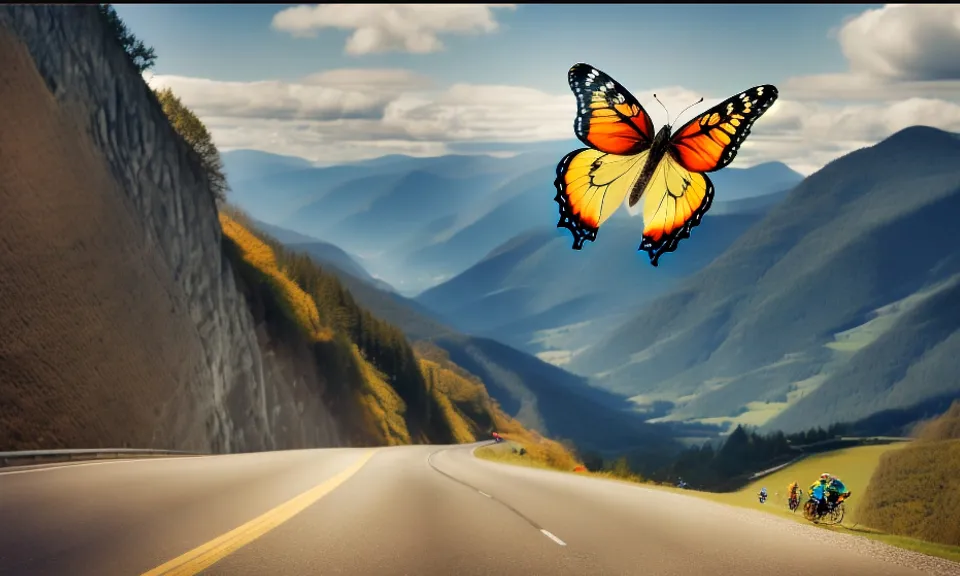 a butterfly flight through a beautiful landscape of meadows, fields and distant mountains above the road, the sun in the sky and small cumulus clouds