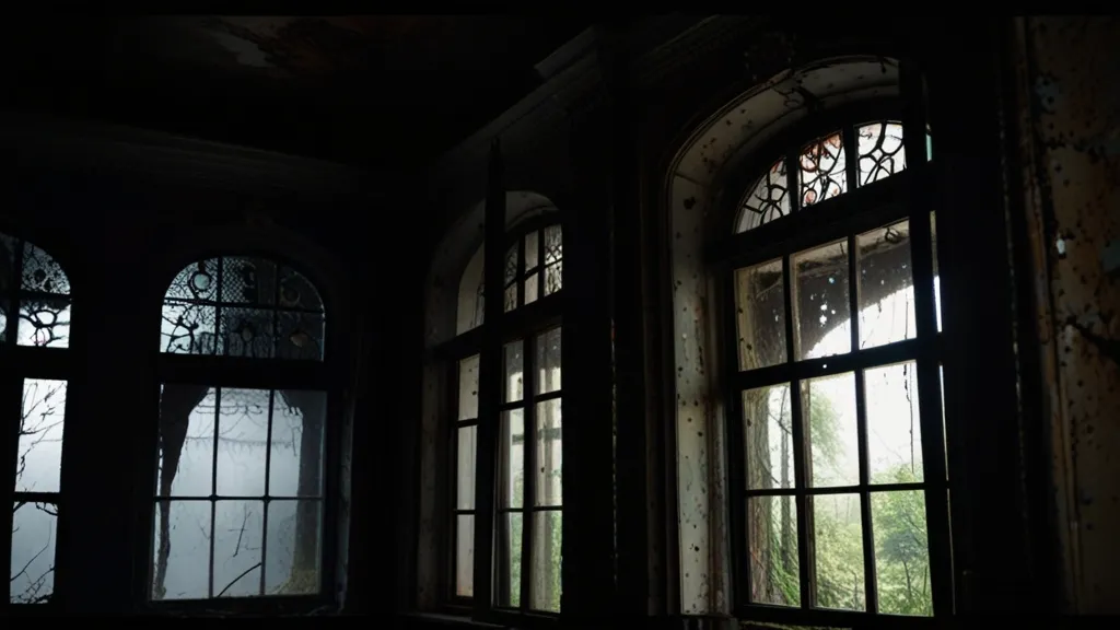 a dark room with three windows and a tree outside