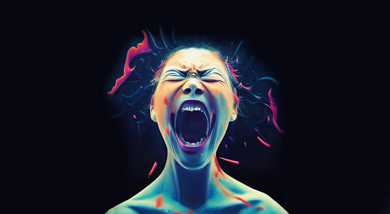  screaming woman,  explosion and her hair blowing in the wind