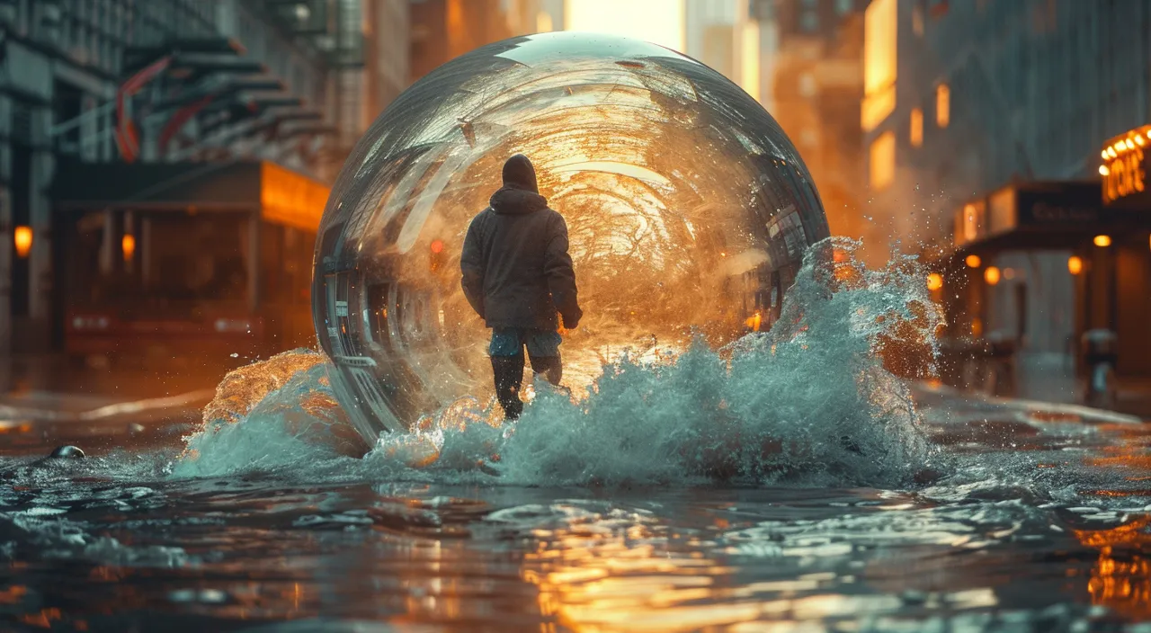 a man standing inside of a snow globe in the middle of a street