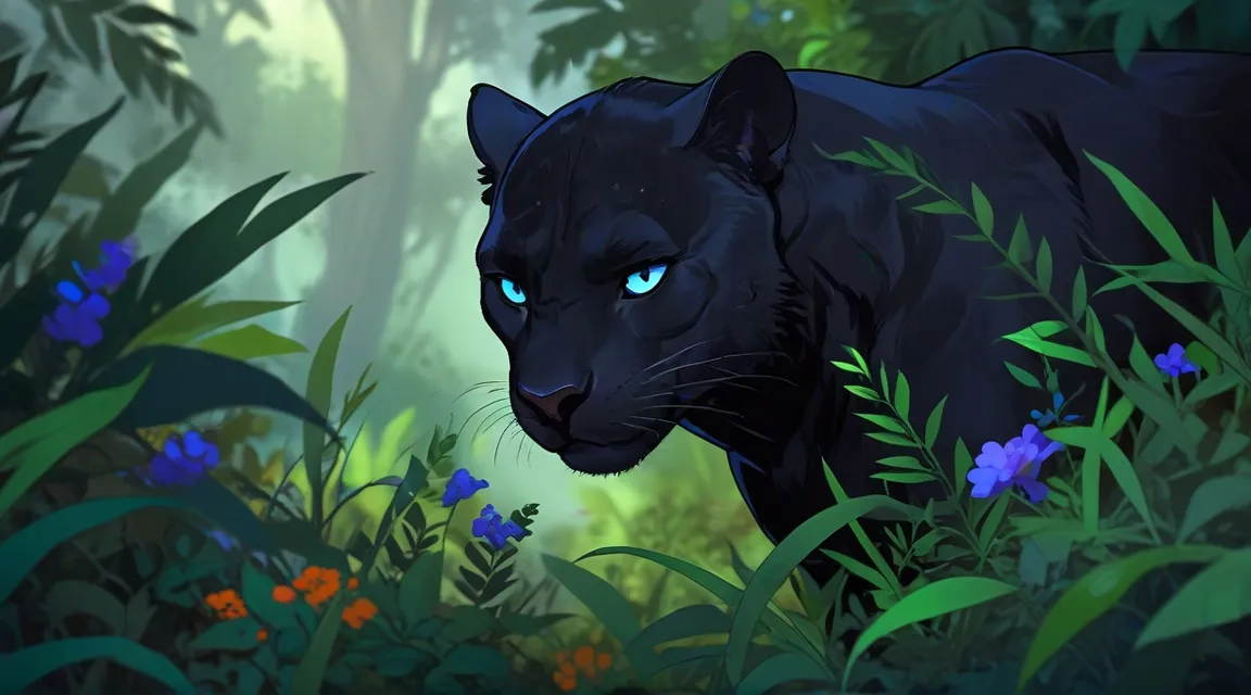 a black panther with blue eyes in the jungle