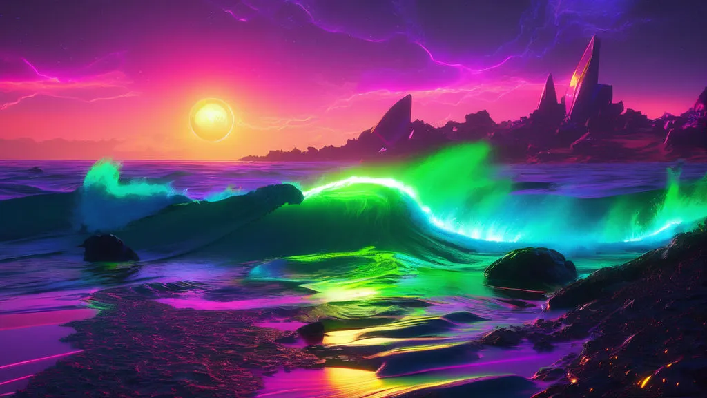 a painting of a sunset over a body of water psychedelic