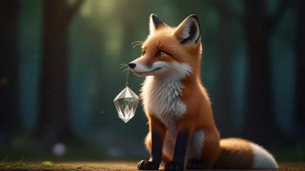 a red fox sitting on the ground next to a diamond