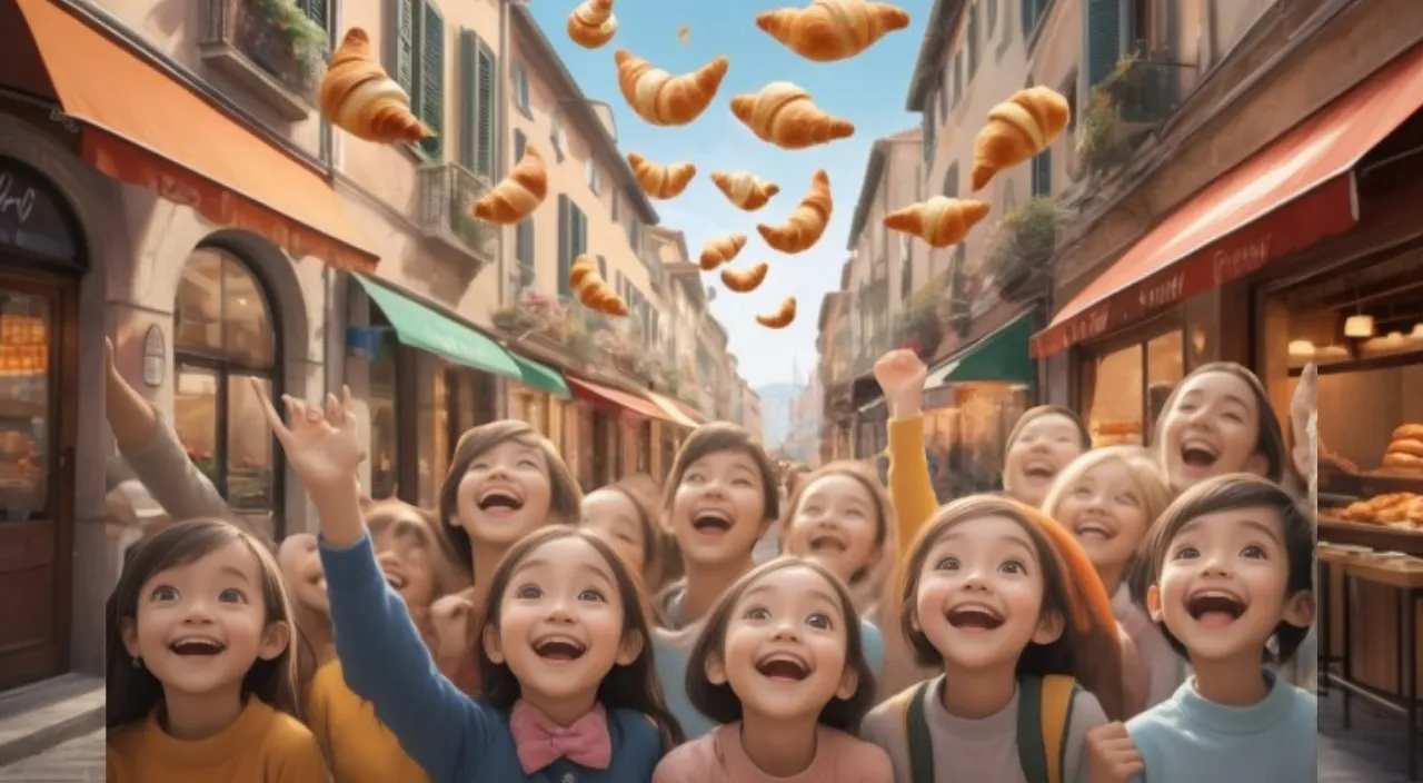 a group of children standing in front of a store ,seeing flying croissants