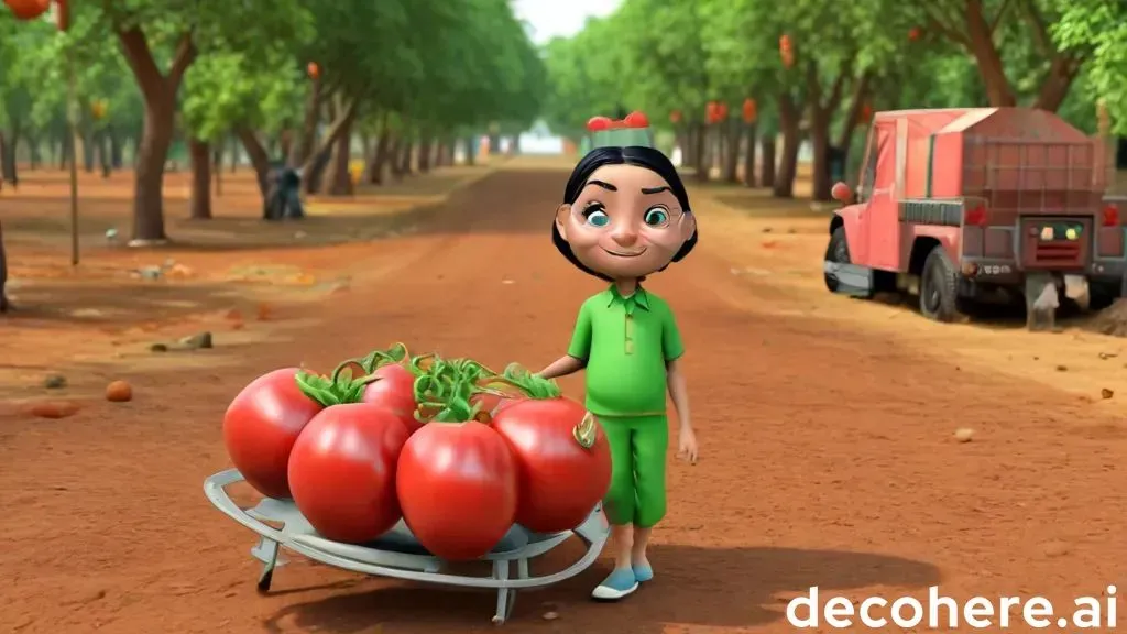 a cartoon character holding a wheelbarrow of tomatoes