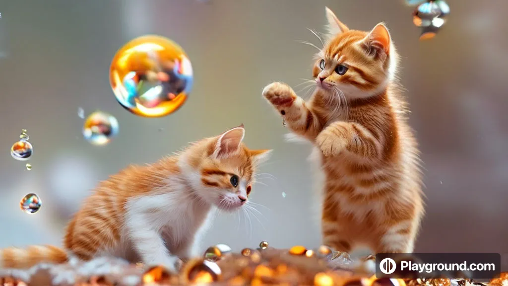 two kittens playing with bubbles in the air