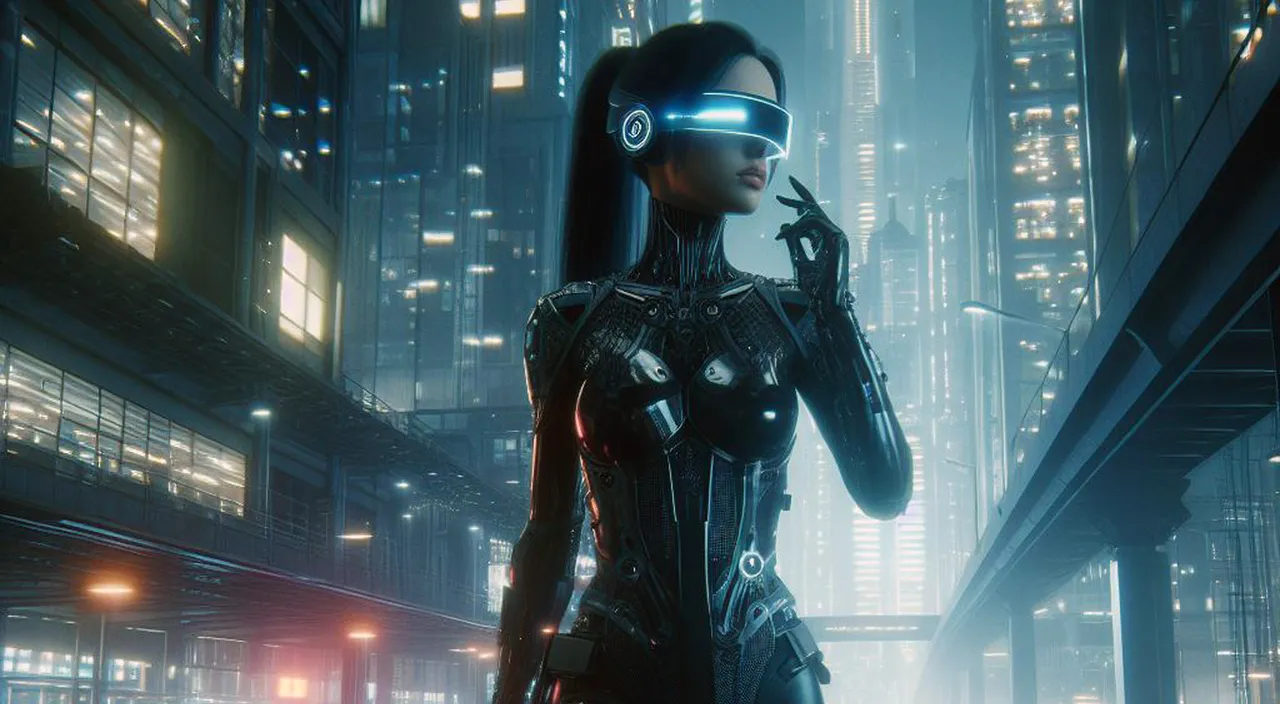 a futuristic woman in a futuristic city at night