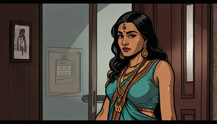 a cartoon of a woman in a blue sari