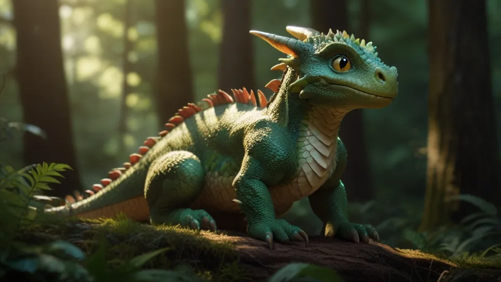 a green and red toy dinosaur in a forest