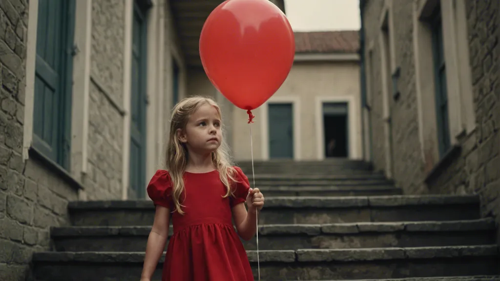 a little girl in a red dress walking downstairs holding a red balloon