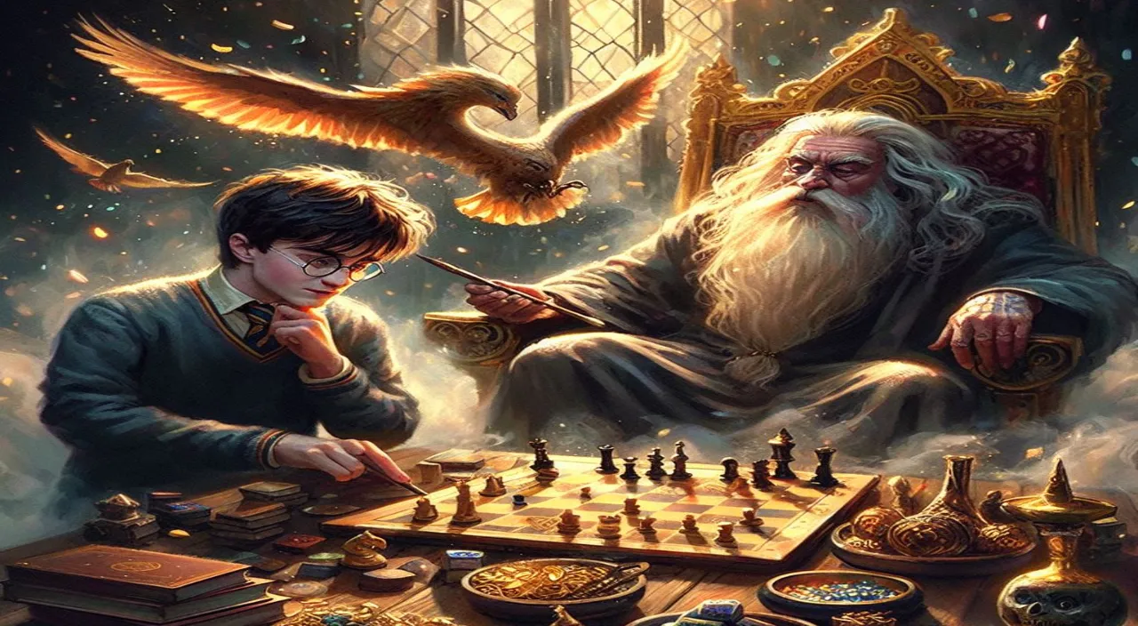 a painting of a wizard and a wizard playing chess