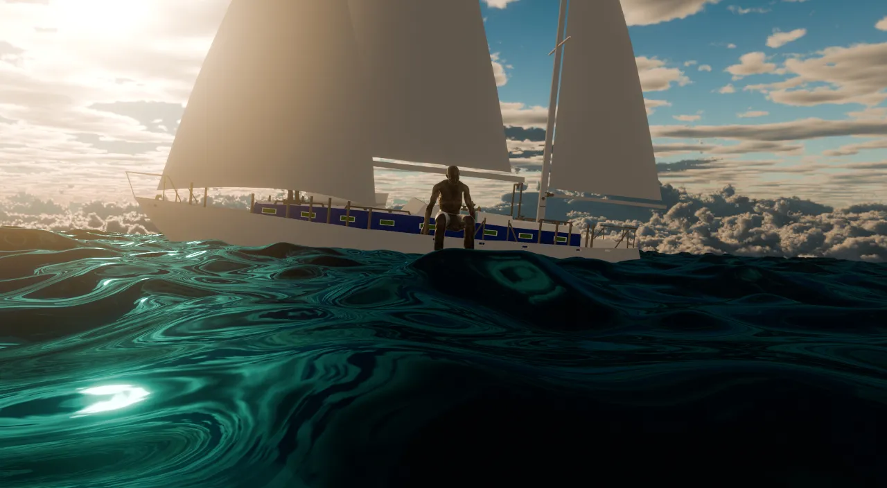 a man standing on a boat in the middle of ocean