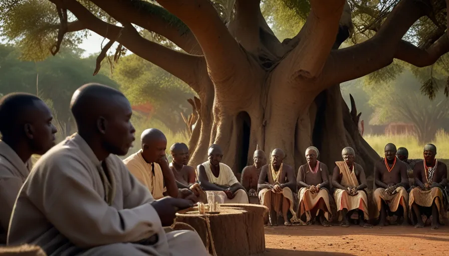 a group of men sitting in front of a tree