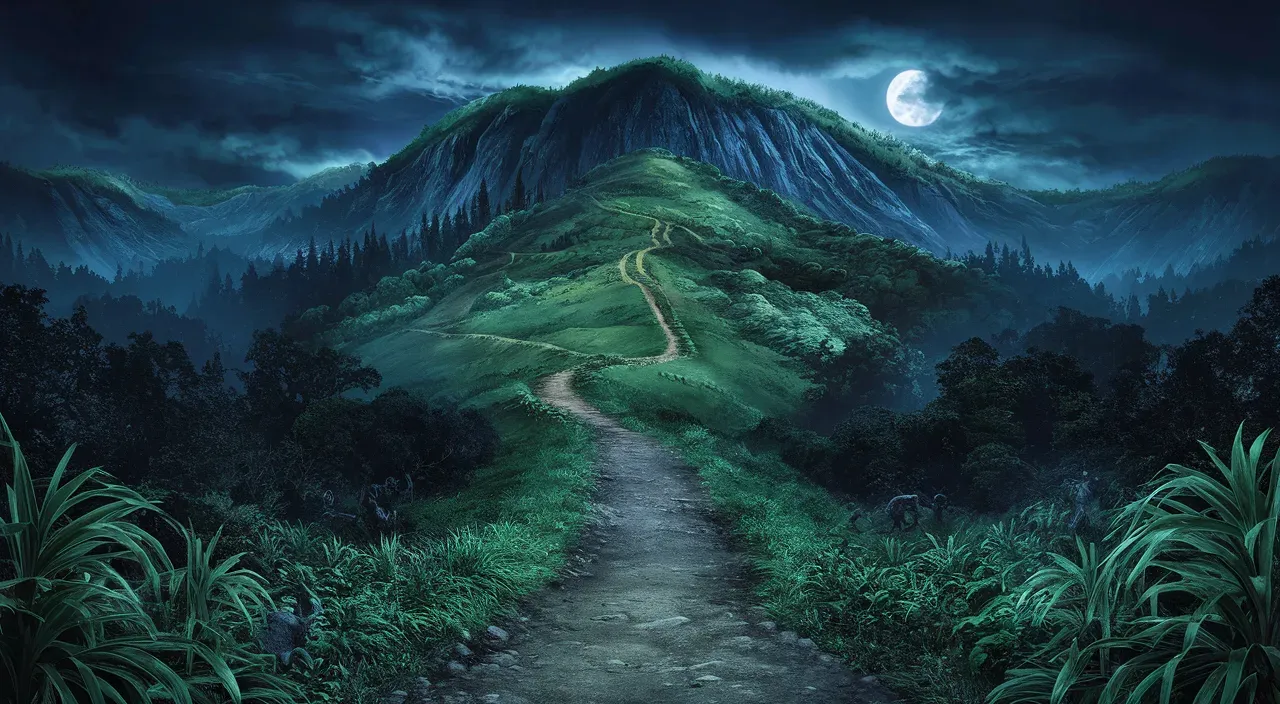 a painting of a path leading to a mountain