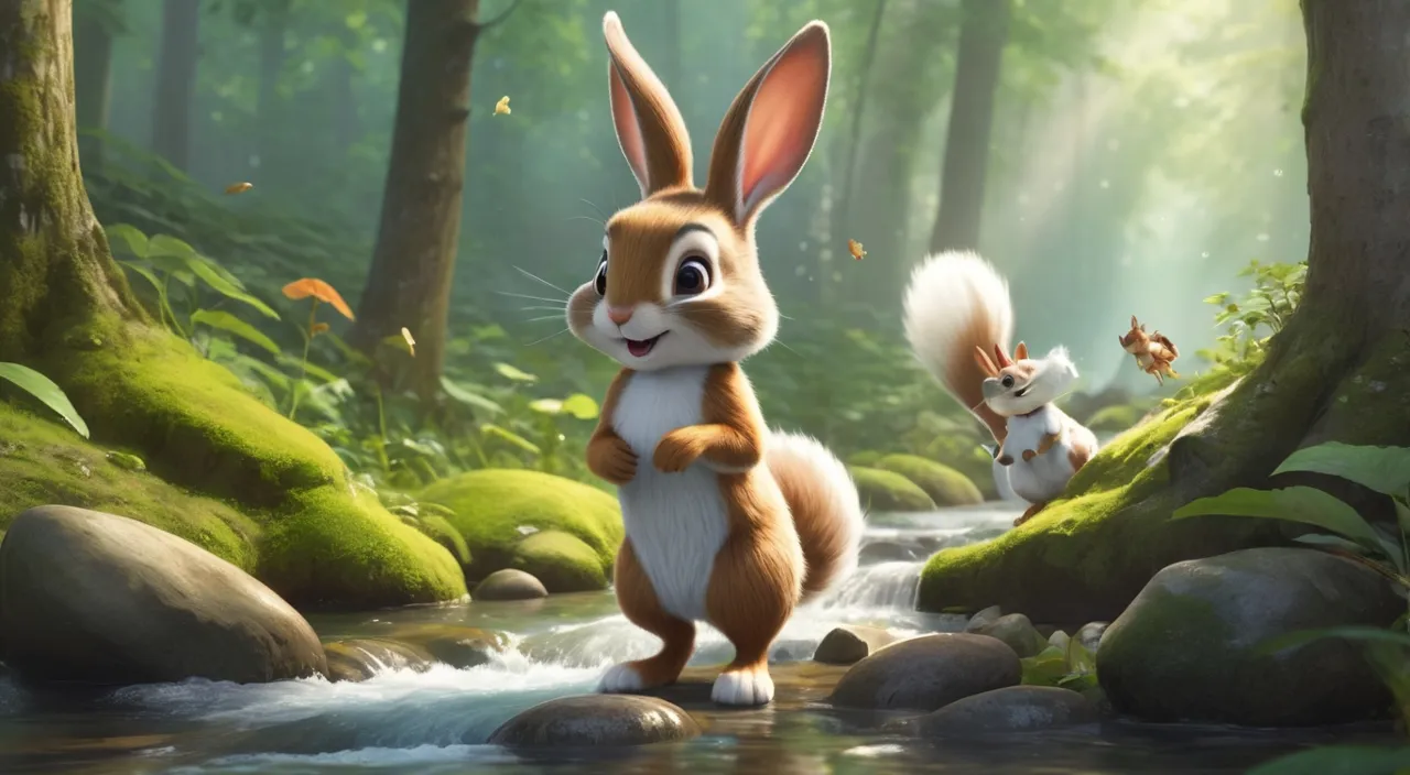 A cheerful bunny , a squirrel , and a chipmunk are playing by a sparkling stream in a lush, green forest. 