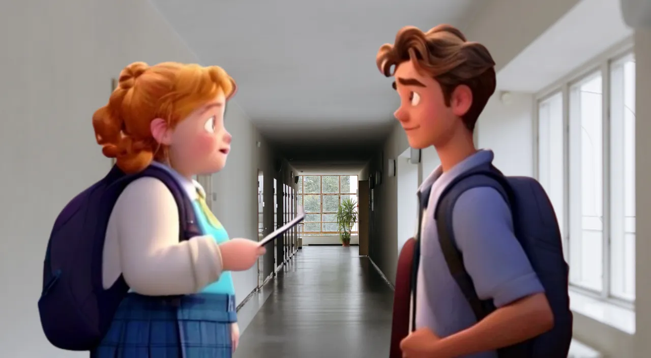 a girl and a boy standing in a hallway and chatting