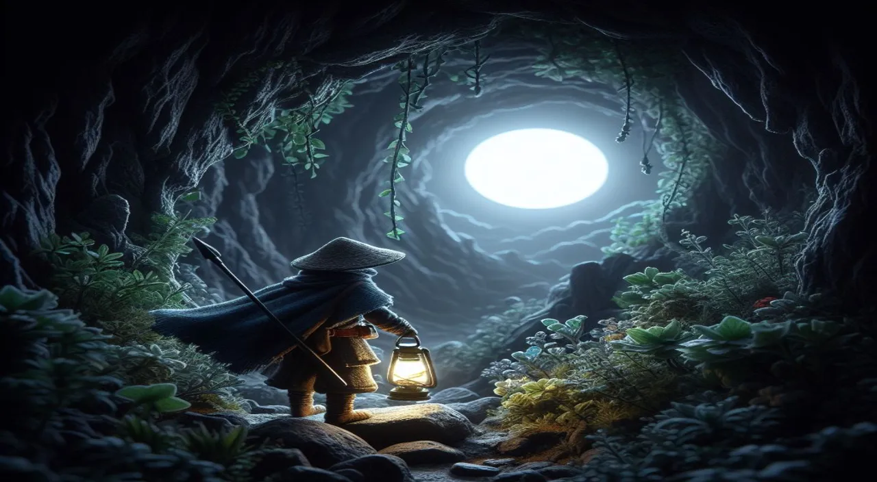 a man holding a lantern in a dark cave