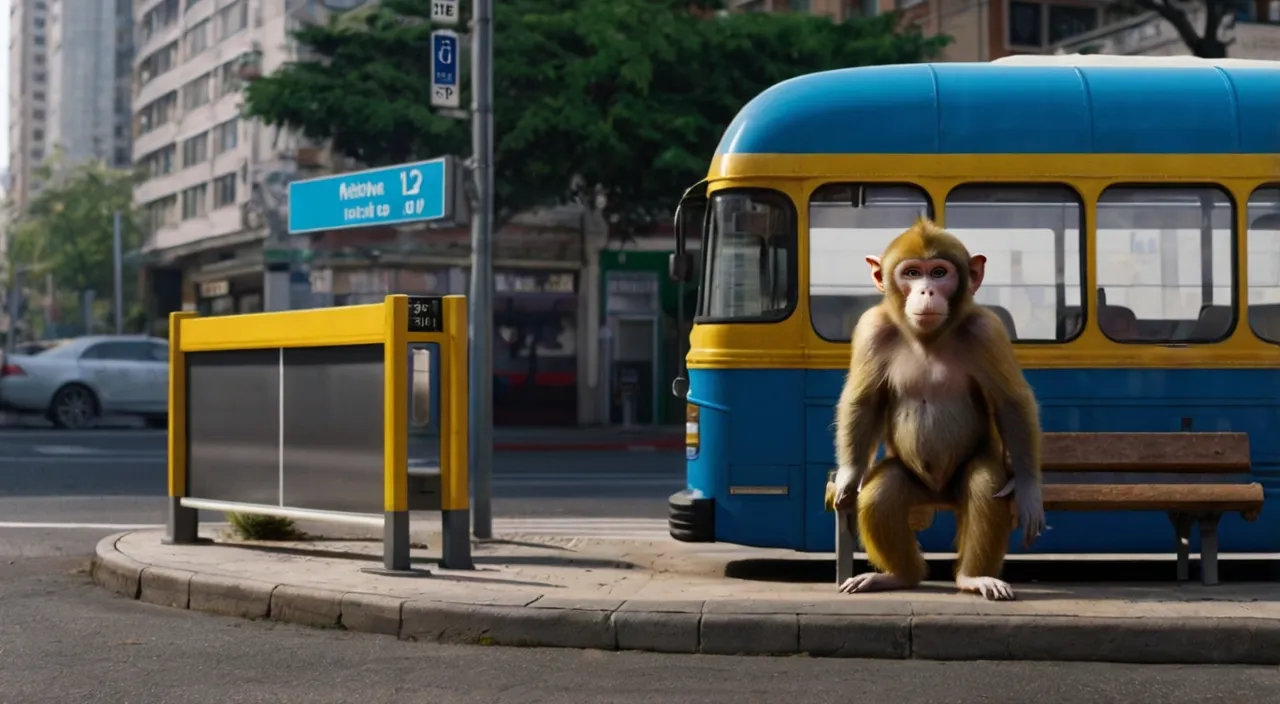 a monkey sitting on a bench next to a bus