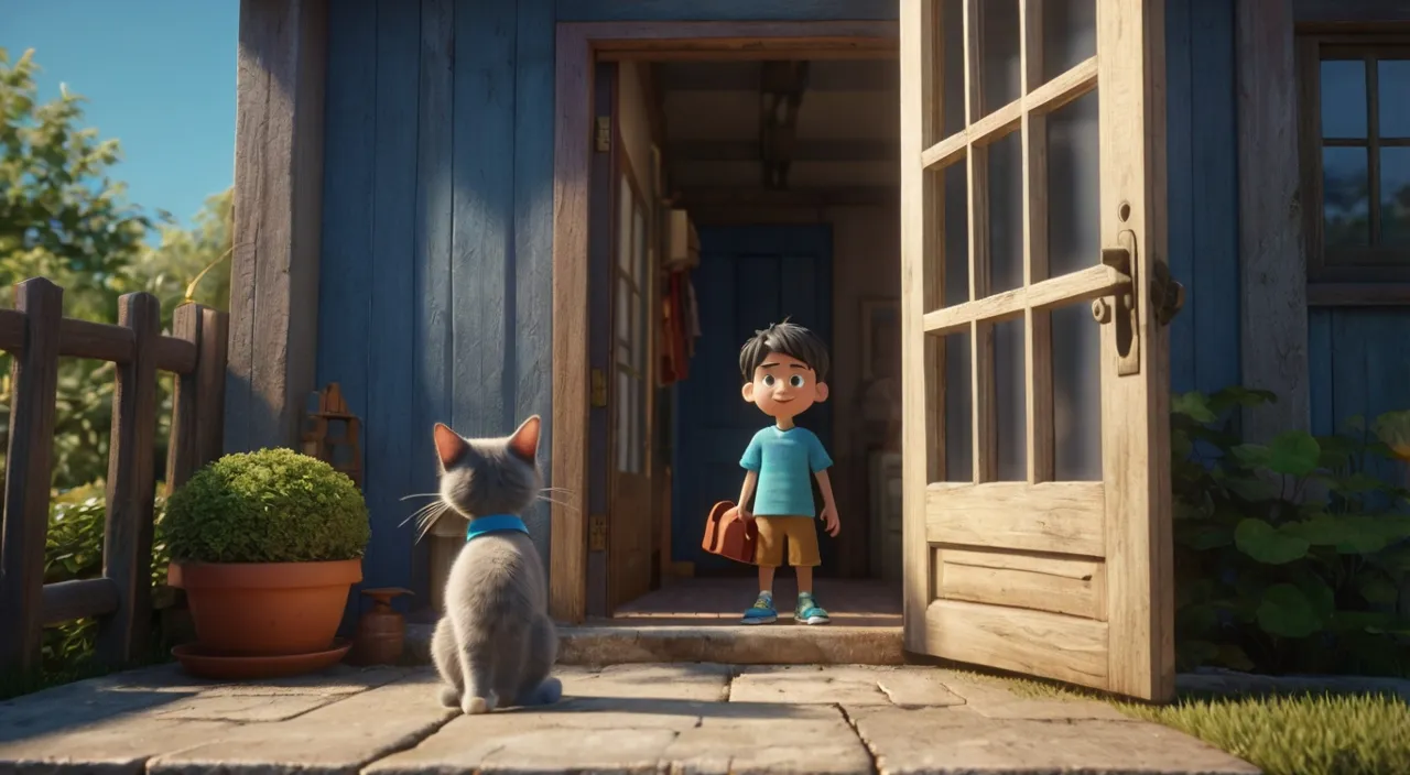 a cat and a boy standing in front of a house