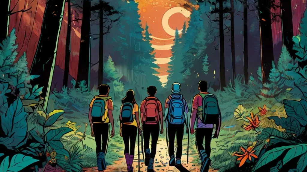 a group of people walking through a forest