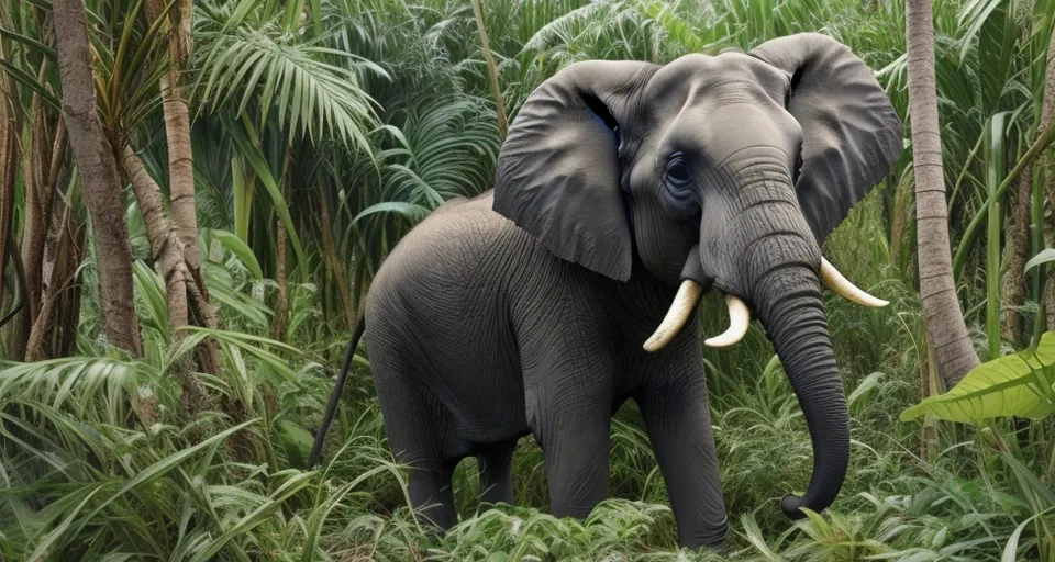 an elephant standing in the middle of a jungle.