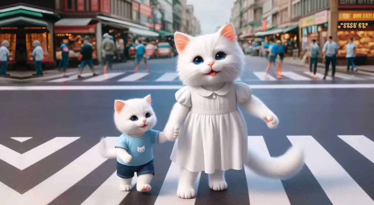 a white cat and a white kitten standing on a street