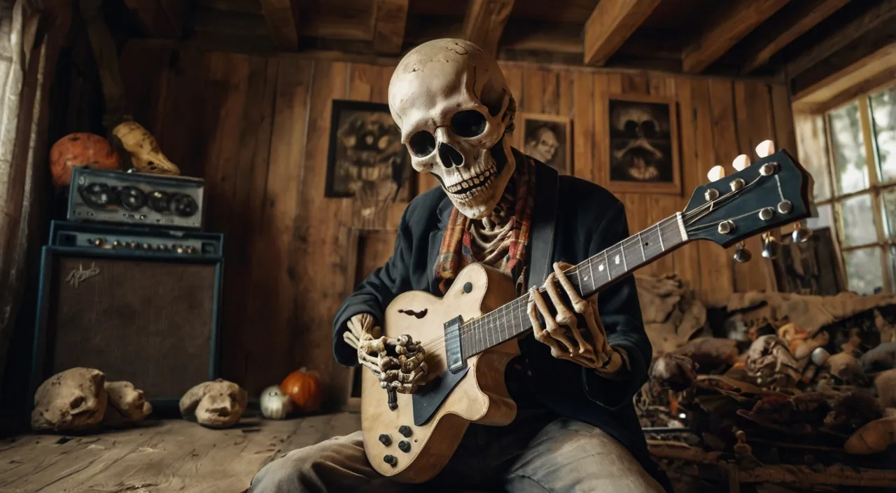 a rotteen old skeleton playing a guitar in a chabby man-cave alone, spiders and some smoke comming from his head