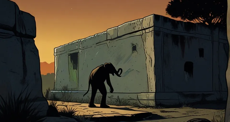 a cartoon of an elephant standing in front of a building