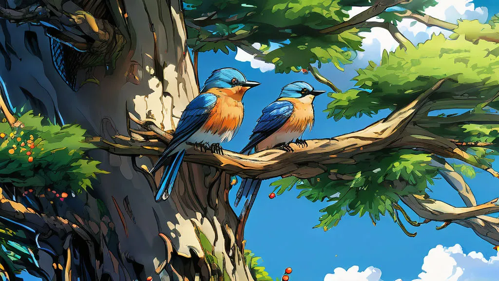 a couple of birds sitting on top of a tree branch