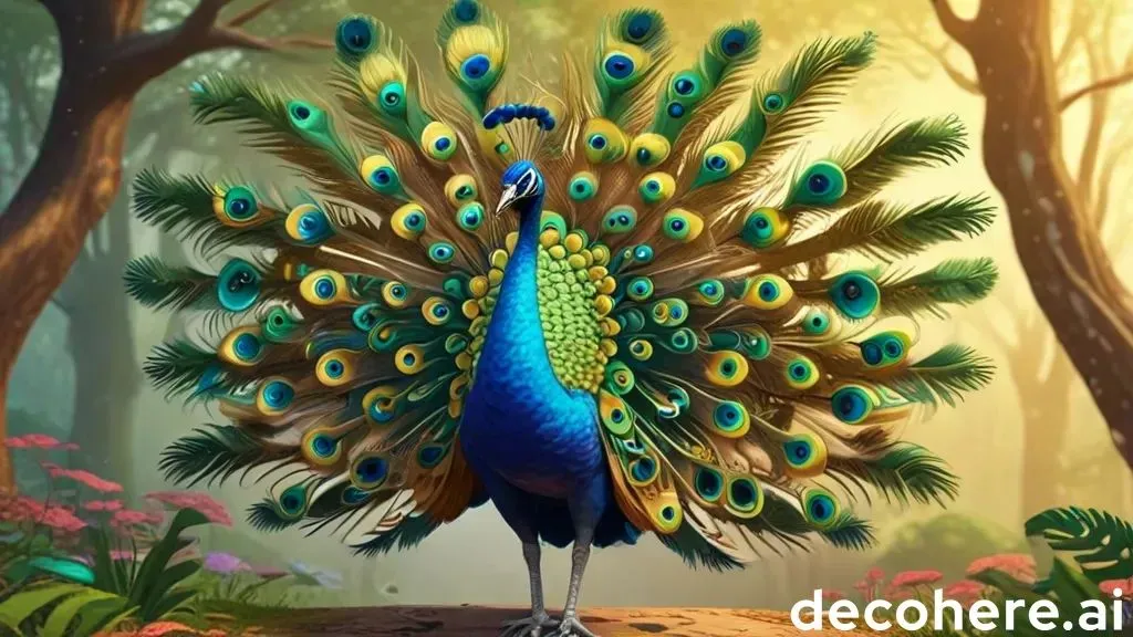 a painting of a peacock standing in a forest